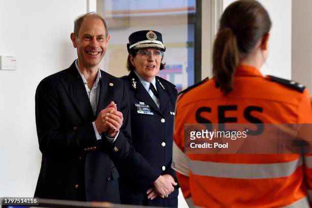 His Royal Highness Prince Edward, Duke of Edinburgh and NSW SES Commissioner Carlene York meet with NSW State Emergency Service volunteers during a...
