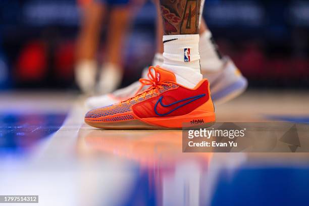 The sneakers worn by DaQuan Jeffries of the Westchester Knicks during the game against the Long Island Nets on November 22, 2023 at the Westchester...