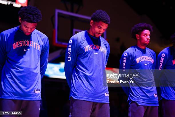 DaQuan Jeffries of the Westchester Knicks stands for the National Anthem before the game against the Long Island Nets on November 22, 2023 at the...