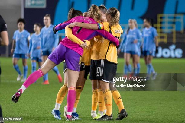 Janina Leitzic, #1 of Leicester City W.F.C., is celebrating with her teammates during the FA Women's Continental League Cup Group B match between...