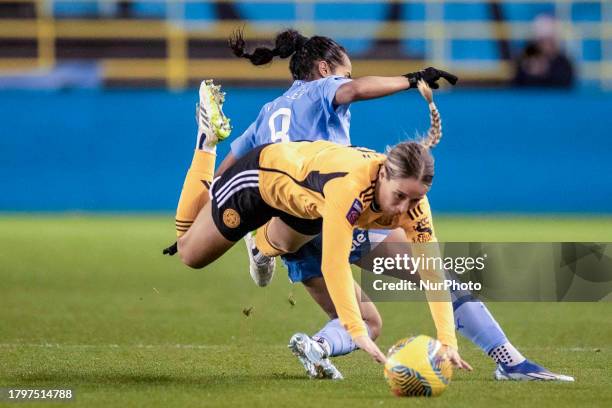 Mary Fowler of Manchester City is fouling Courtney Nevin of Leicester City W.F.C. During the FA Women's Continental League Cup Group B match between...