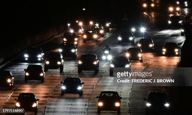 Motorists drive on a freeway in Los Angeles on November 22, 2023 as millions of people head to their Thanksgiving destinations.