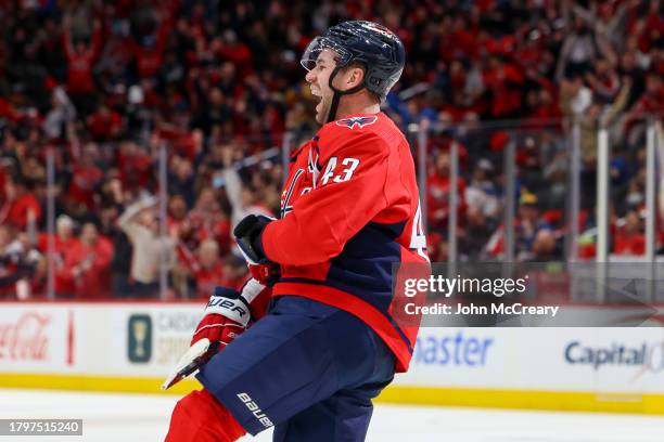 Tom Wilson of the Washington Capitals celebrates the game tying goal during a game against the Buffalo Sabres at Capital One Arena on November 22,...