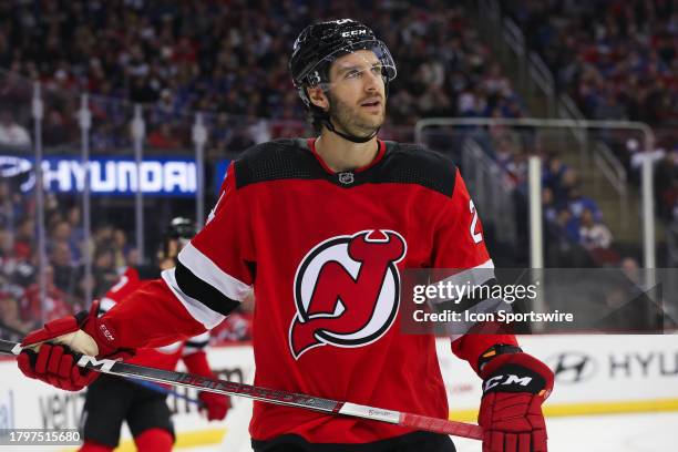 New Jersey Devils defenseman Colin Miller looks on during a game between the New York Rangers and New Jersey Devils on November 18, 2023 at...