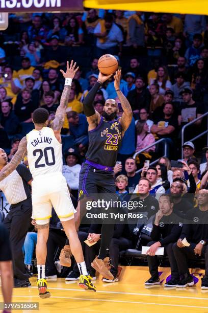 LeBron James of the Los Angeles Lakers shoots the ball during the game against the Utah Jazz during the In-Season Tournament on November 21, 2023 at...