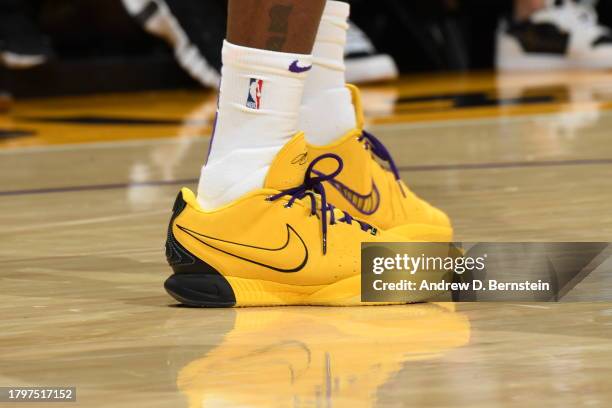 The sneakers worn by LeBron James of the Los Angeles Lakers during the game against the Dallas Mavericks on November 22, 2023 at Crypto.Com Arena in...