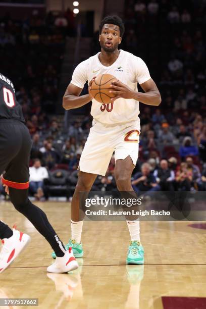 Damian Jones of the Cleveland Cavaliers passes the ball during the game on November 22, 2023 at Rocket Mortgage FieldHouse in Cleveland, Ohio. NOTE...