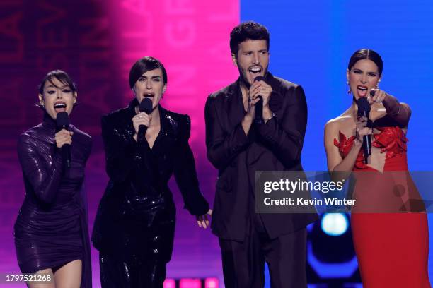 Danna Paola, Paz Vega, Sebastián Yatra and Roselyn Sánchez speak onstage during The 24th Annual Latin Grammy Awards on November 16, 2023 in Seville,...