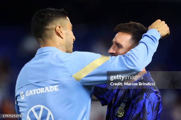 Luis Suarez or Uruguay greets Lionel Messi of Argentina prior to a FIFA World Cup 2026 Qualifier match between Argentina and Uruguay at Estadio...