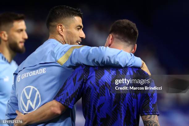 Luis Suarez or Uruguay greets Lionel Messi of Argentina prior to a FIFA World Cup 2026 Qualifier match between Argentina and Uruguay at Estadio...