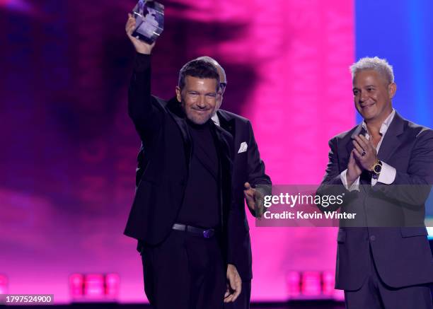 Alejandro Sanz presents Antonio Banderas with the 2023 President's Award during The 24th Annual Latin Grammy Awards on November 16, 2023 in Seville,...