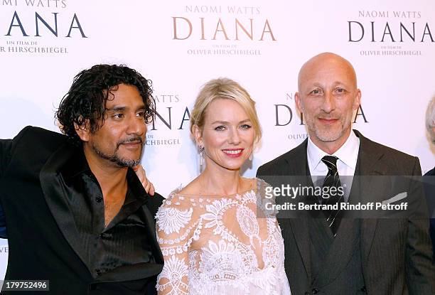 Actor Naveen Andrews, actress Naomi Watts and director Oliver Hirschbiegel attend 'Diana' Paris movie premiere at Cinema UGC Normandie on September...