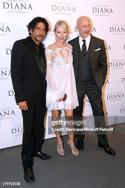 Actor Naveen Andrews, actress Naomi Watts and director Oliver Hirschbiegel attend 'Diana' Paris movie premiere at Cinema UGC Normandie on September...