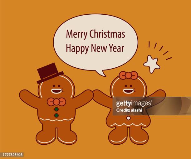 illustrations, cliparts, dessins animés et icônes de joli couple de pain d’épice se tenant la main bénissant tout le monde et vous souhaitant un joyeux noël et une bonne année - biscuit en pain dépice