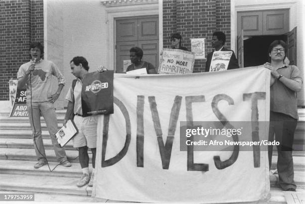 Students from Johns Hopkins University demonstrate against South African apartheid, Baltimore, Maryland, 1970.