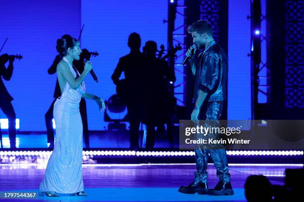 Maria Becerra and Pablo Alborán perform onstage during The 24th Annual Latin Grammy Awards on November 16, 2023 in Seville, Spain.