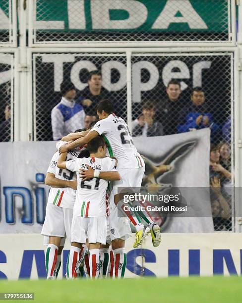 Players of Velez Sarsfield celebrate a goal during a match between Velez Sarsfield and Newell's Old Boys as part of the sixth round of Torneo Inicial...