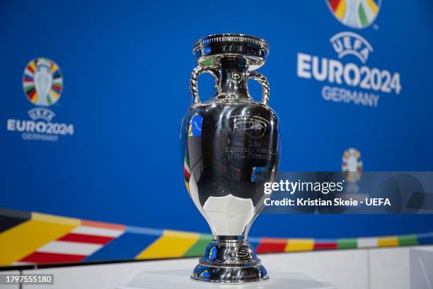 Detailed view of the UEFA EURO trophy ahead of the UEFA EURO 2024 Play-offs Draw at the UEFA Headquarters, The House of the European Football, on...