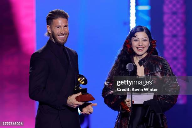 Sergio Ramos and Mon Laferte present the Song of the Year award onstage during The 24th Annual Latin Grammy Awards on November 16, 2023 in Seville,...