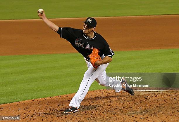 Jose Fernandez of the Miami Marlins pitches during a game against the Washington Nationals at Marlins Park on September 6, 2013 in Miami, Florida.