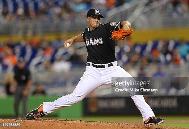 Jose Fernandez of the Miami Marlins pitches during a game against the Washington Nationals at Marlins Park on September 6, 2013 in Miami, Florida.