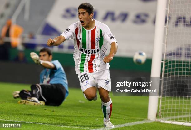Martin Tonso of Velez Sarsfield celebrates a goal during a match between Velez Sarsfield and Newell's Old Boys as part of the sixth round of Torneo...