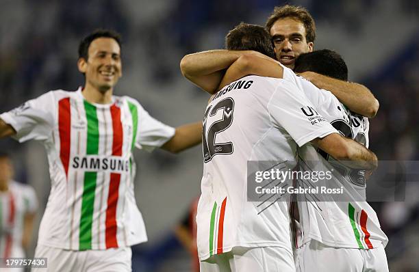 Players of Velez Sarsfield celebrate a goal during a match between Velez Sarsfield and Newell's Old Boys as part of the sixth round of Torneo Inicial...