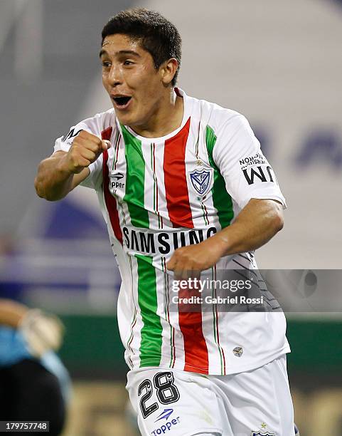 Ramiro Caseres of Velez Sarsfield celebrates a goal during a match between Velez Sarsfield and Newell's Old Boys as part of the sixth round of Torneo...