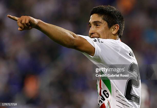 Ramiro Caseres of Velez Sarsfield celebrates a goal during a match between Velez Sarsfield and Newell's Old Boys as part of the sixth round of Torneo...