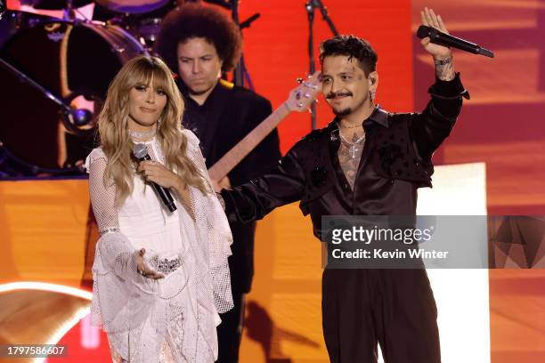 Kany García and Christian Nodal perform onstage during The 24th Annual Latin Grammy Awards on November 16, 2023 in Seville, Spain.