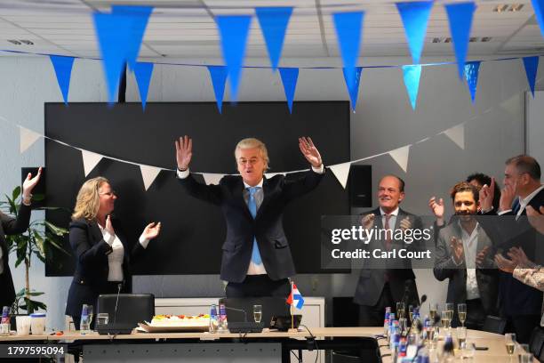 Geert Wilders, the leader of the Dutch Party for Freedom , celebrates in his party office after his party's victory in yesterday's general election,...