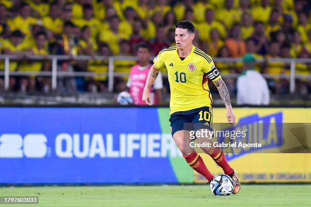 James Rodriguez of Colombia controls the ball during the FIFA World Cup 2026 Qualifier match between Colombia and Brazil at Estadio Metropolitano...