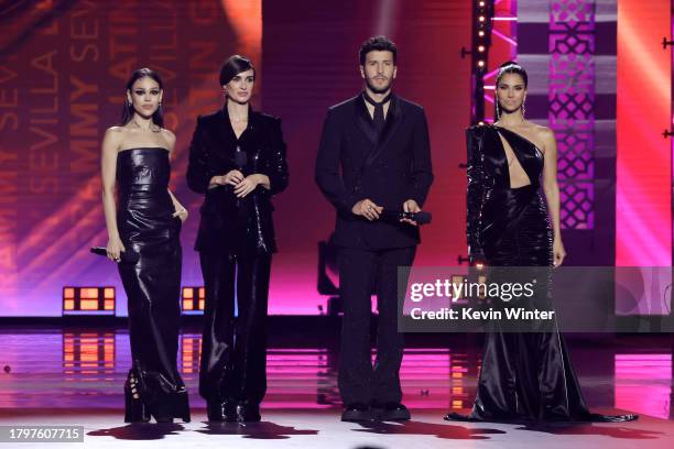 Co-hosts Danna Paola, Paz Vega, Sebastián Yatra, and Roselyn Sánchez speak onstage during The 24th Annual Latin Grammy Awards on November 16, 2023 in...