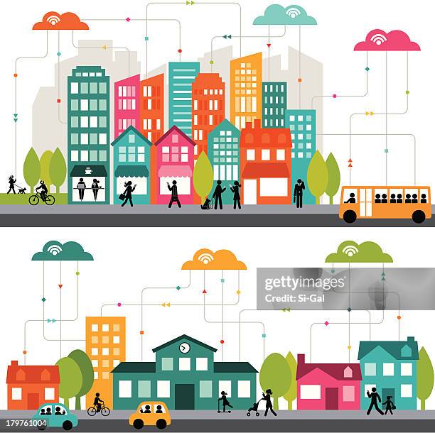 bunte cartoon-illustration von einer stadt verbunden - downtown district stock-grafiken, -clipart, -cartoons und -symbole