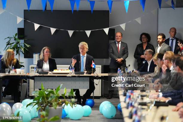 Geert Wilders , the leader of the Dutch Party for Freedom , delivers a speech at a post-election meeting at the Nieuwspoort conference centre after...