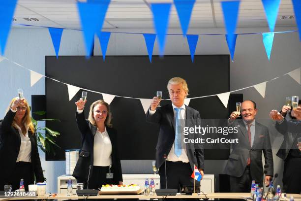 Geert Wilders , the leader of the Dutch Party for Freedom , makes a toast after delivering a speech at a post-election meeting at the Nieuwspoort...