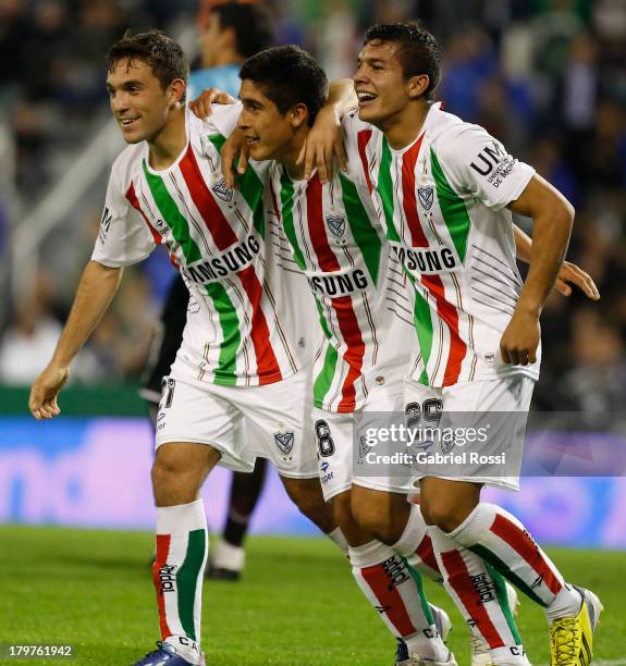 Players of Velez Sarsfield celebrate a goal during a match between Velez Sarsfield and Newell's Old Boys as part of the sixth round of Torneo Inicial...