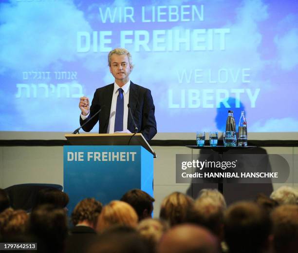 Dutch right-wing party PVV Geert Wilders speaks at a hotel in Berlin on October 2, 2010. Wilders' visit to the German capital was met by protests by...