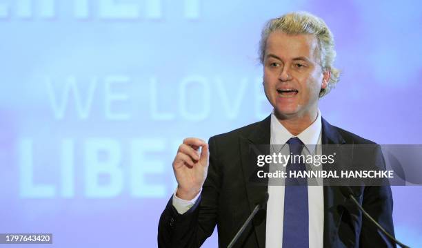 Dutch right-wing party PVV Geert Wilders speaks at a hotel in Berlin on October 2, 2010. Wilders' visit to the German capital was met by protests by...
