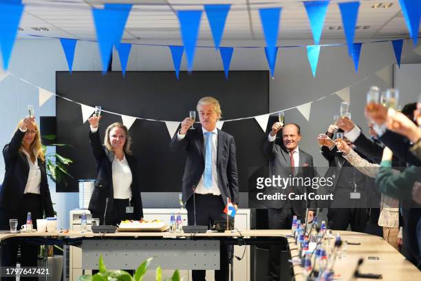 Geert Wilders , the leader of the Dutch Party for Freedom , makes a toast after delivering a speech at a post-election meeting at the Nieuwspoort...