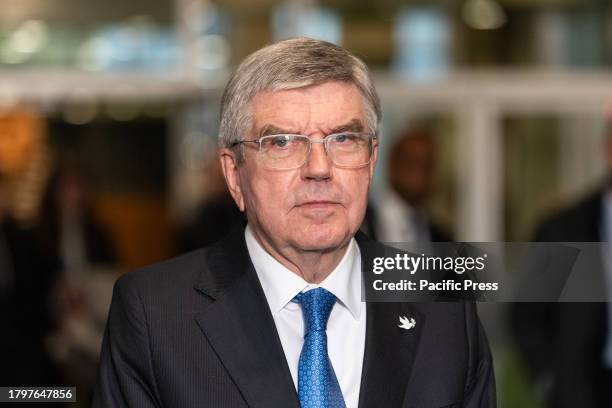 Thomas Bach, President of International Olympic Committee speaks as he and Tony Estanguet, President of the Paris 2024 Organisation Committee for the...