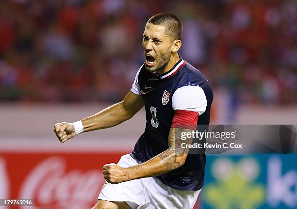 Clint Dempsey of the United States reacts after scoring off a penalty kick against Costa Rica during the FIFA 2014 World Cup Qualifier at Estadio...