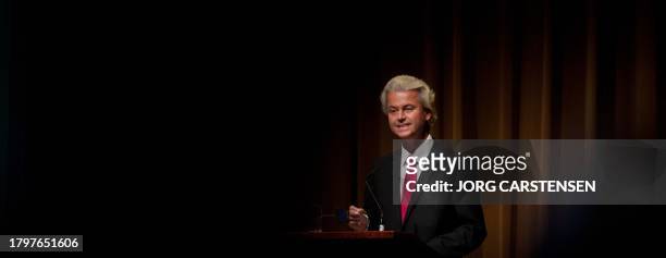 Dutch anti-Islam politician Geert Wilders speaks during an election campaign event of the German right wing party Die Freiheit on September 3, 2011...