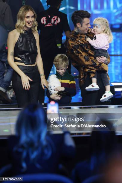 Chiara Ferragni, Fedez along with their daughter Victoria and their son Leone attend the X Factor live tv show on November 16, 2023 in Milan, Italy.