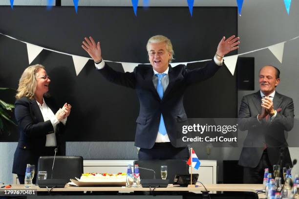 Geert Wilders, the leader of the Dutch Party for Freedom , celebrates in his party office after his party's victory in yesterday's general election,...