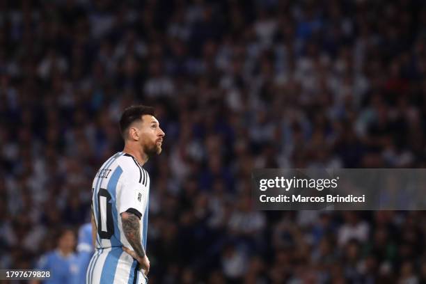 Lionel Messi of Argentina looks on during a FIFA World Cup 2026 Qualifier match between Argentina and Uruguay at Estadio Alberto J. Armando on...