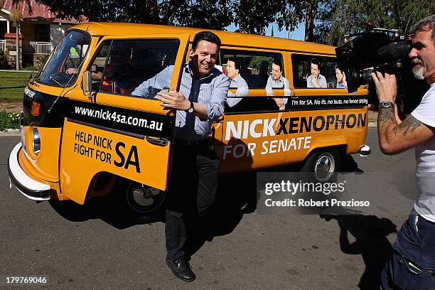 Nick Xenophon Independent senator for SA arrives to cast his vote in the electorate of Sturt on election day on September 7, 2013 in Adelaide,...