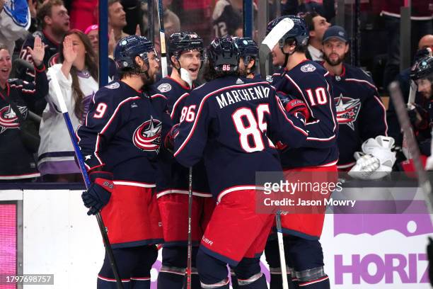 Damon Severson of the Columbus Blue Jackets celebrates a goal with his team mates during the second period against the Arizona Coyotes at Nationwide...