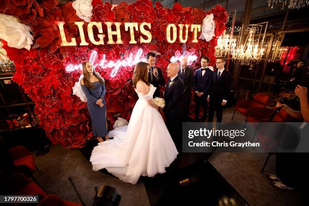 Jacques Villenueve marries Giulia Marra at the Wedding Chapel in the Paddock prior to practice ahead of the F1 Grand Prix of Las Vegas at Las Vegas...