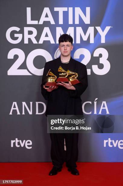 Francisco Zecca poses with awards during The 24th Annual Latin Grammy Awards on November 16, 2023 in Seville, Spain.